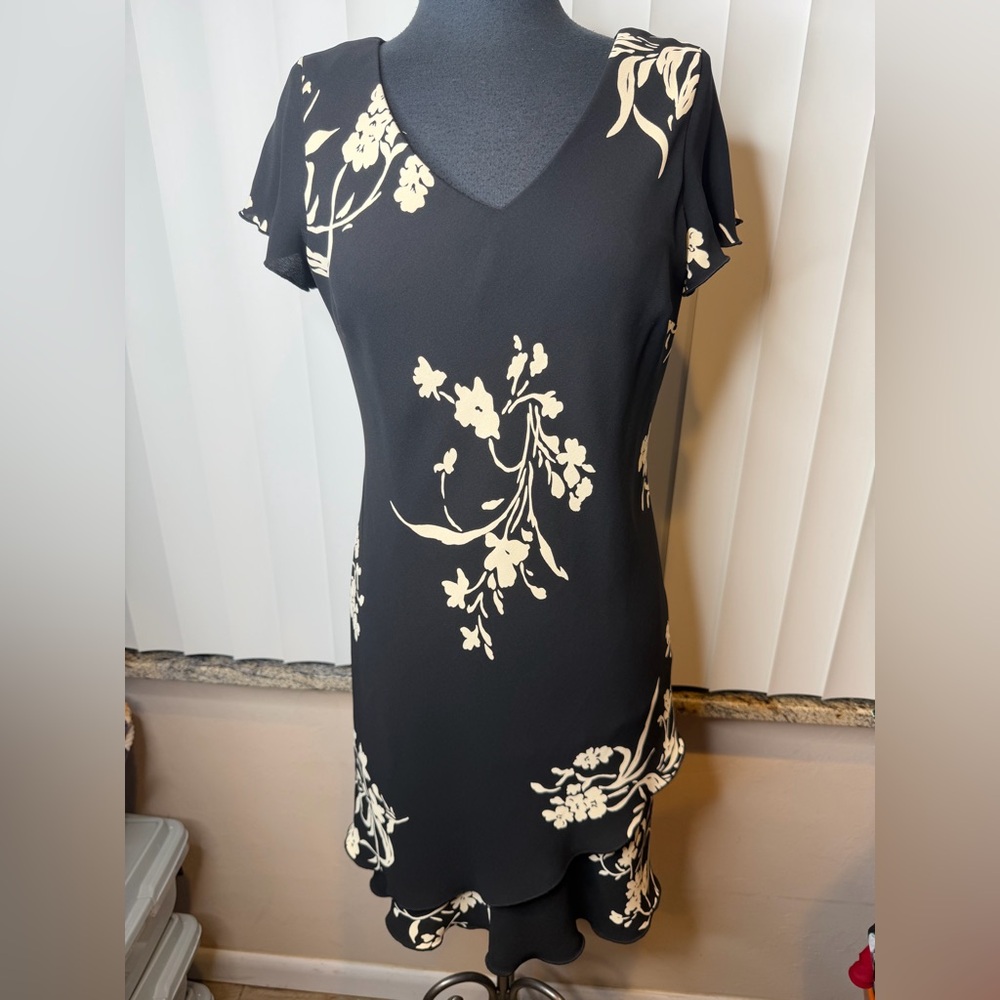 S.L Fashions Vintage Elegant Black Cream Floral Dress Size 10P